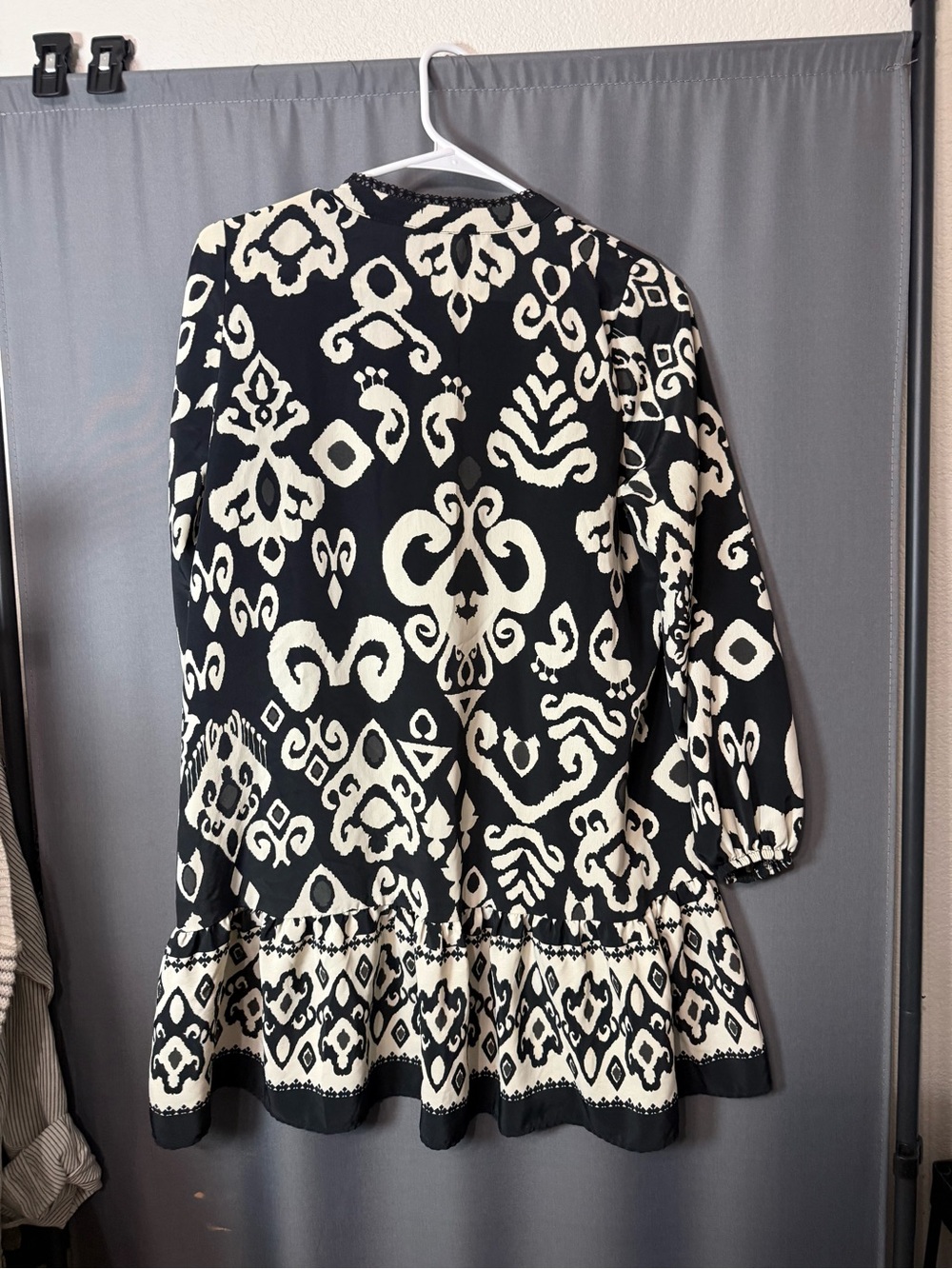 Zara Black and Cream Mini Dress with Bold Ikat Print